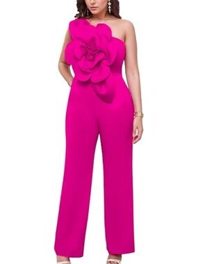 Strapless Hot Pink Floral Applique Jumpsuit - Women